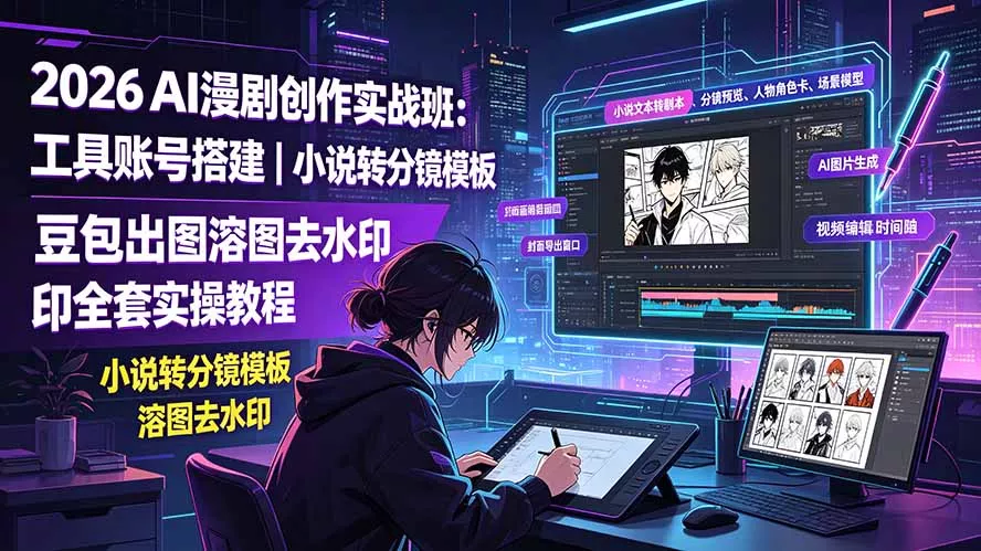 2026AI漫剧创作实战班：工具账号搭建｜小说转分镜模板｜豆包出图溶图去水印全套实操教程胖子网创胖子网创