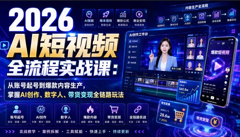 2026 AI短视频全流程实战课：从账号起号到爆款内容生产，掌握AI创作、数字人、带货变现全链路玩法胖子网创胖子网创