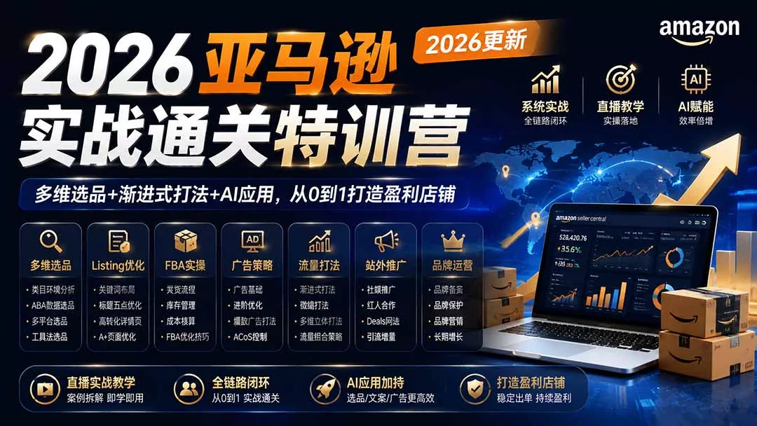 2026亚马逊实战通关特训营-2026更新，多维选品+渐进式打法+AI应用，从0到1打造盈利店铺胖子网创胖子网创
