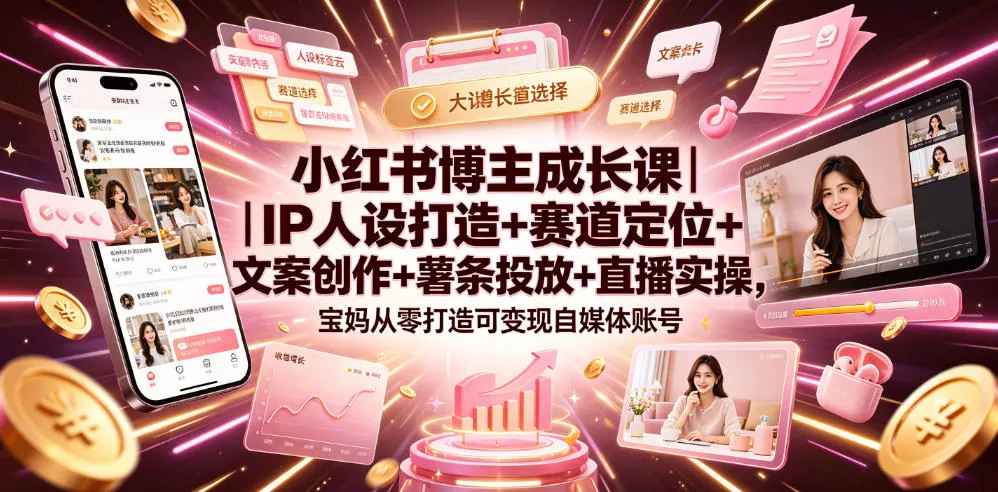 小红书博主成长课｜IP人设打造+赛道定位+文案创作+薯条投放+直播实操，宝妈从零打造可变现自媒体账号胖子网创胖子网创