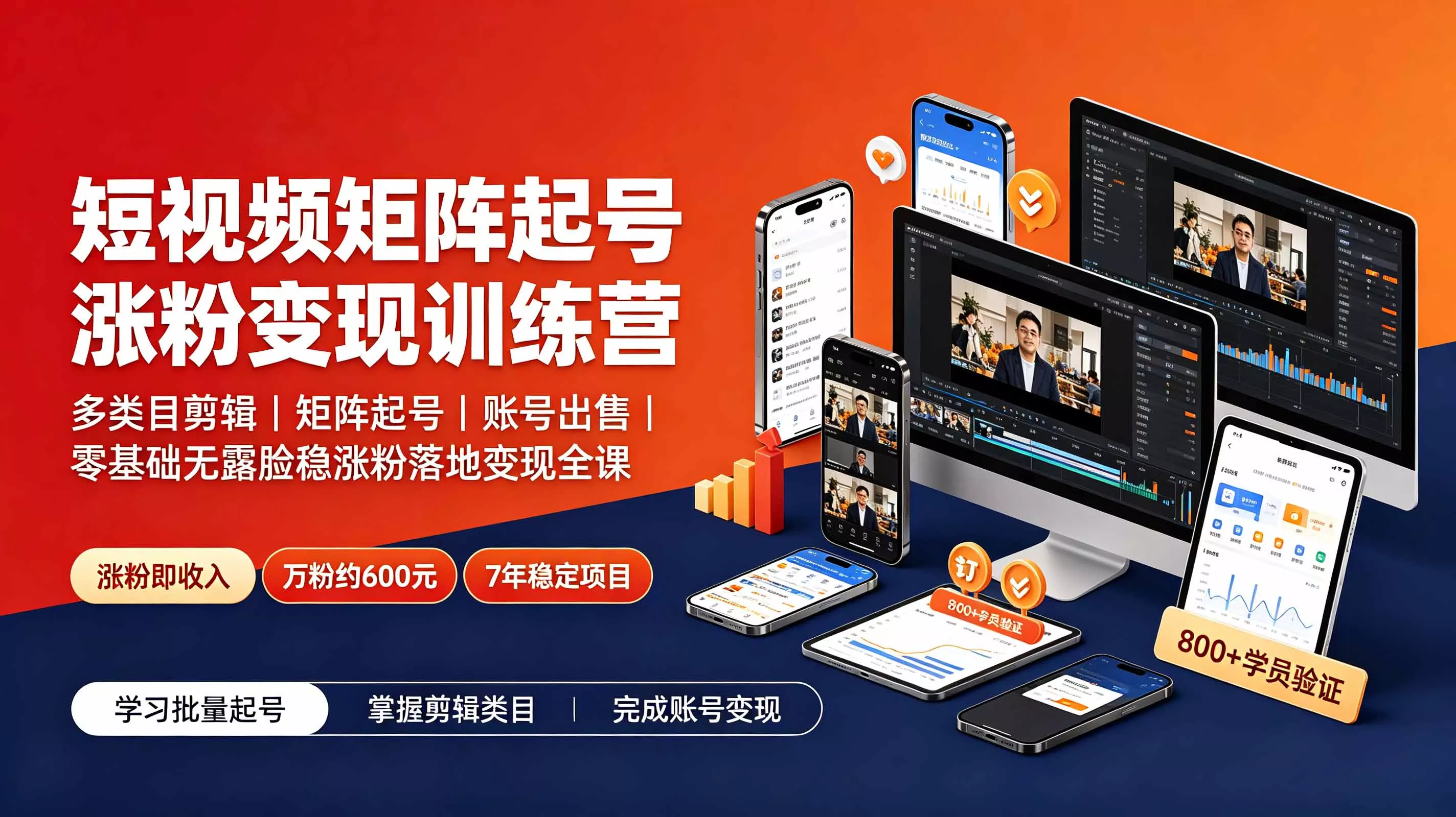 短视频矩阵起号涨粉变现训练营｜多类目剪辑·矩阵起号·账号出售，零基础无露脸稳涨粉落地变现全课胖子网创胖子网创