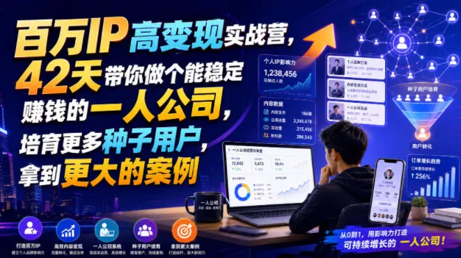 百万IP高变现实战营，42天带你做个能稳定賺钱的一人公司，培育更多种子用户，拿到更大的案例胖子网创胖子网创