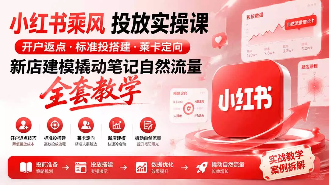 小红书乘风投放-100分钟实操课｜开户返点·标准投搭建·莱卡定向，新店建模撬动笔记自然流量全套教学胖子网创胖子网创