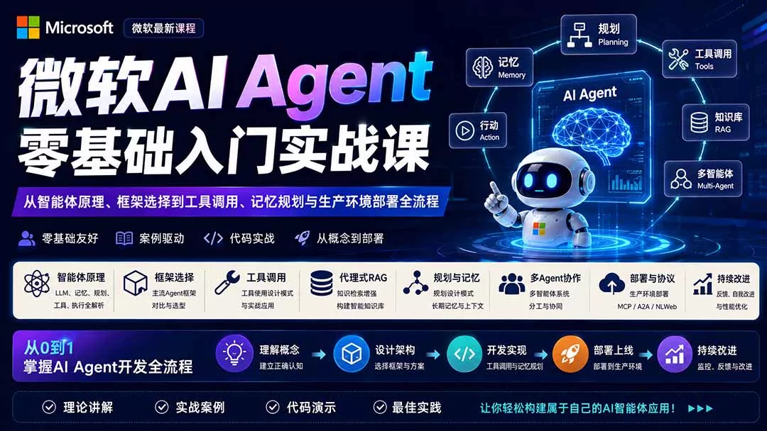 微软AI Agent零基础入门实战课：从智能体原理、框架选择到工具调用、记忆规划与生产环境部署全流程胖子网创胖子网创