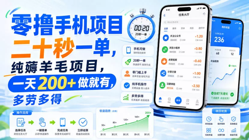 零撸手机项目，二十秒一单，纯薅羊毛项目，一天200+做就有，多劳多得【揭秘】胖子网创胖子网创