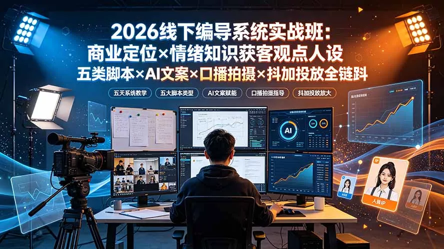 2026线下编导系统实战班：商业定位×情绪知识获客观点人设五类脚本×AI文案×口播拍摄×抖加投放全链路胖子网创胖子网创