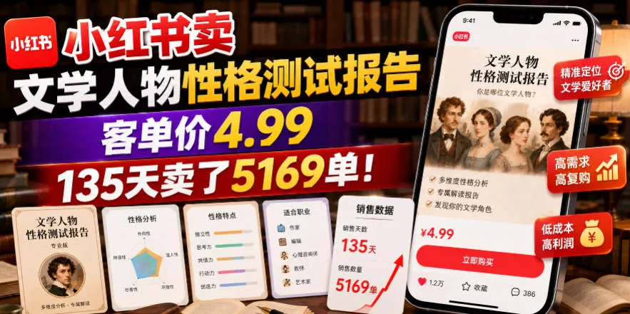小红书卖文学人物性格测试报告，客单价4.99，135天卖了5169单！胖子网创胖子网创