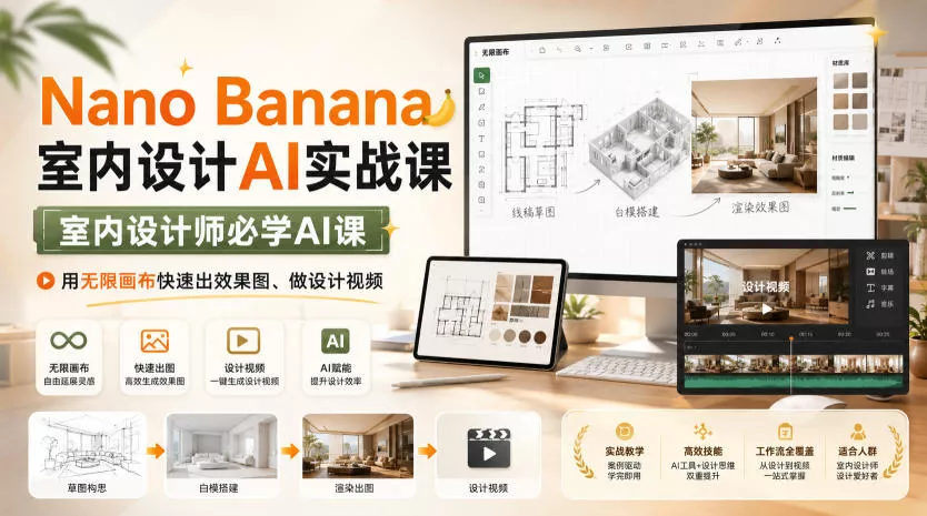 Nano Banana室内设计AI实战课，室内设计师必学AI课，用无限画布快速出效果图、做设计视频胖子网创胖子网创