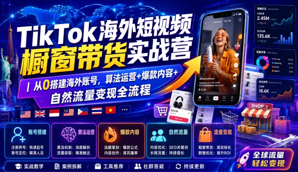 TikTok海外短视频橱窗带货实战营|从0搭建海外账号,算法运营+爆款内容+自然流量变现全流程 TikTok海外短视频橱窗带货实战营|从0搭建海外账号,算法运营+爆款内容+自然流量变现全流程