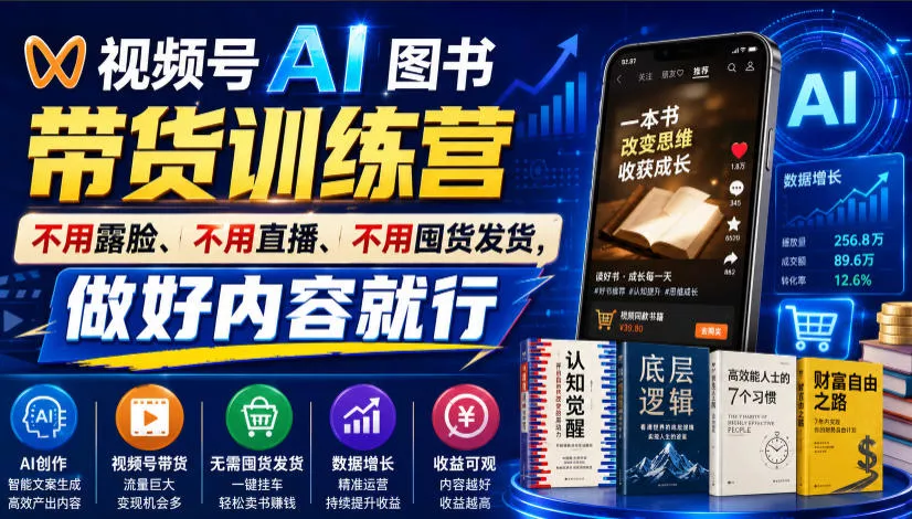 视频号AI图书带货训练营，不用露脸、不用直播、不用囤货发货，做好内容就行，一条爆款视频佣金8942胖子网创胖子网创