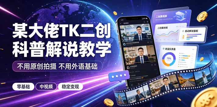 某大佬TK二创科普解说教学，不用原创拍摄不用外语基础，零基础做TikTok中视频稳定变现胖子网创胖子网创
