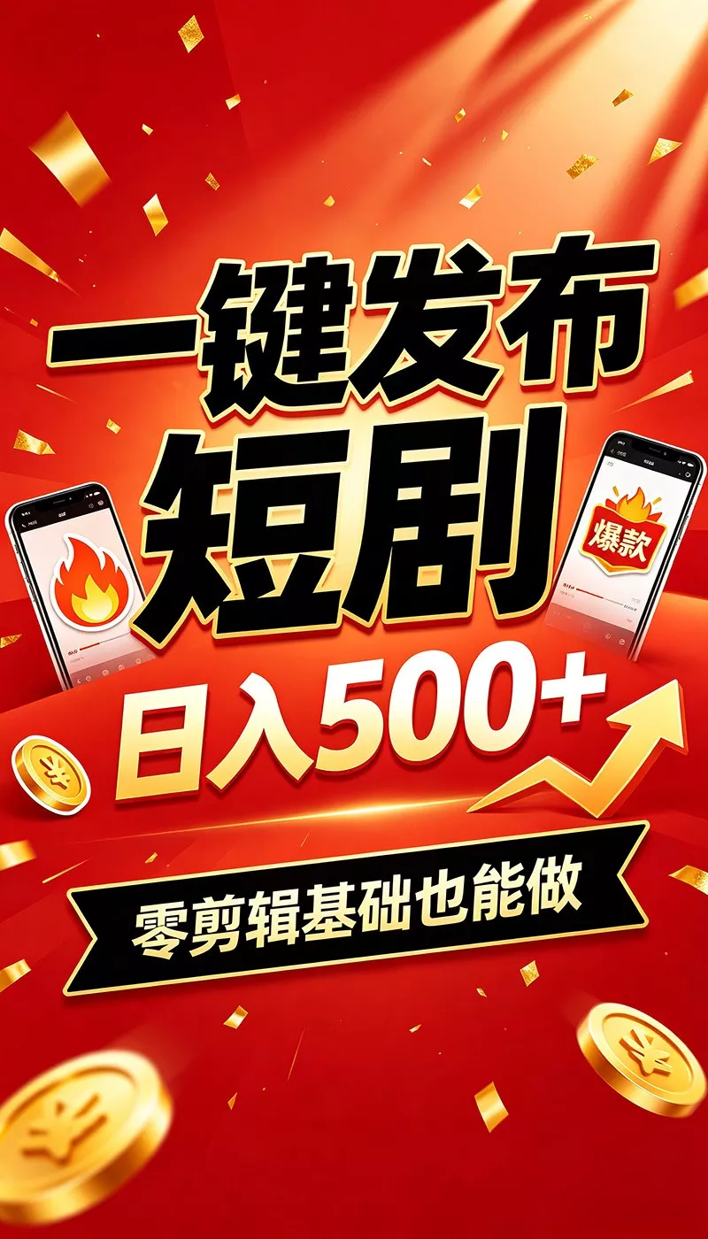 快手短剧一键发布，不用剪辑操作简单，副业日入500+。空闲时间轻松赚收益胖子网创胖子网创