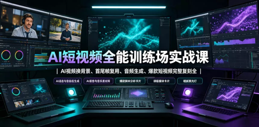 AI短视频全能训练场实战课｜AI视频换背景、首尾帧复用、音频生成、爆款短视频完整复刻全套实操教学胖子网创胖子网创