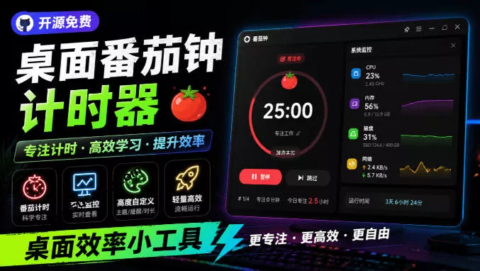 仅1.16MB，开源极简的桌面时钟、番茄钟计时器，还支持系统监控显示，桌面效率小工具Catime胖子网创胖子网创