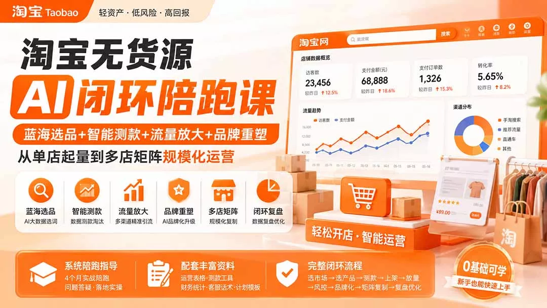 淘宝无货源AI闭环陪跑课：蓝海选品+智能测款+流量放大+品牌重塑，从单店起量到多店矩阵规模化运营胖子网创胖子网创