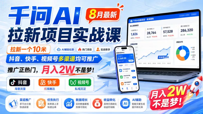 千问AI拉新项目实战课8月最新，拉新一个10米，抖音、快手、视频号多渠道均可推广，推广正热门，月入2W不是梦!胖子网创胖子网创