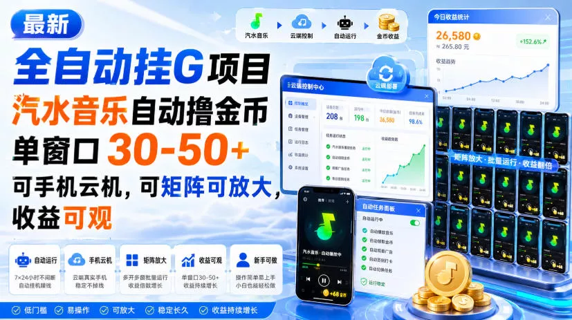 最新全自动挂G项目，汽水音乐自动撸金币单窗口30-50+，可手机云机，可矩阵可放大，收益可观胖子网创胖子网创