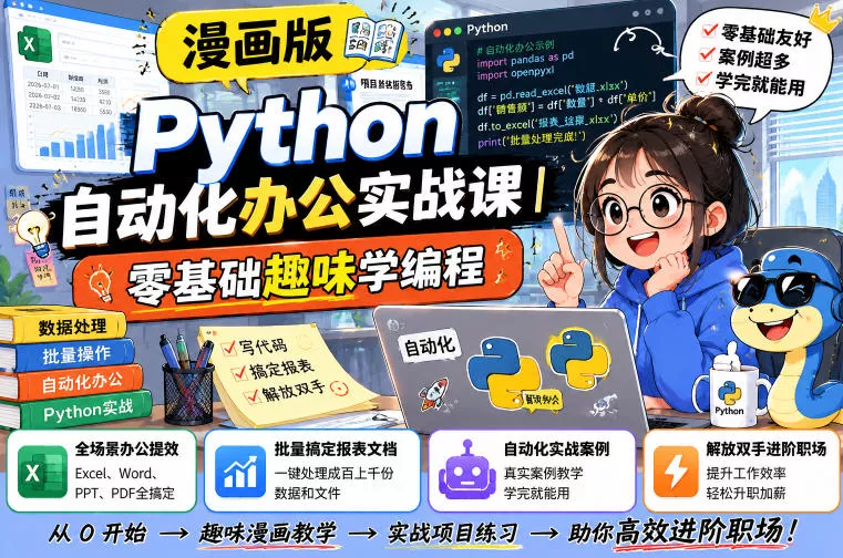 漫画版Python自动化办公实战课｜零基础趣味学编程，全场景办公提效、批量搞定报表文档、解放双手进阶职场胖子网创胖子网创