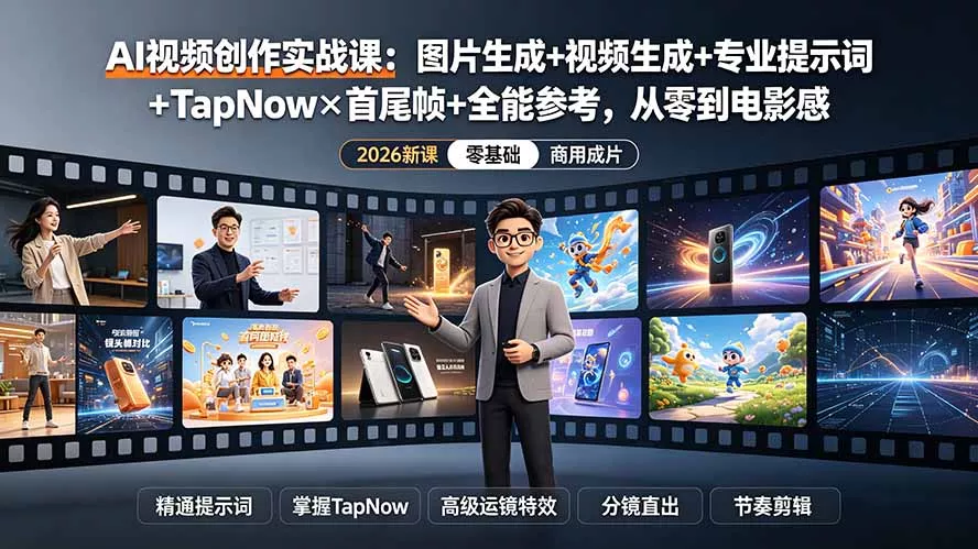 AI视频创作实战课：图片生成+视频生成+专业提示词+TapNow×首尾帧+全能参考，从零到电影感成片胖子网创胖子网创