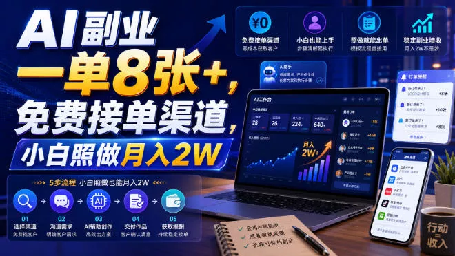 AI副业一单8张+，免费接单渠道，小白照做月入2W【揭秘】胖子网创胖子网创