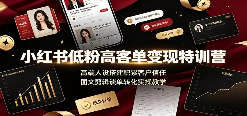 小红书低粉高客单变现特训营：高端人设搭建积累客户信任，图文剪辑谈单转化实操教学胖子网创胖子网创