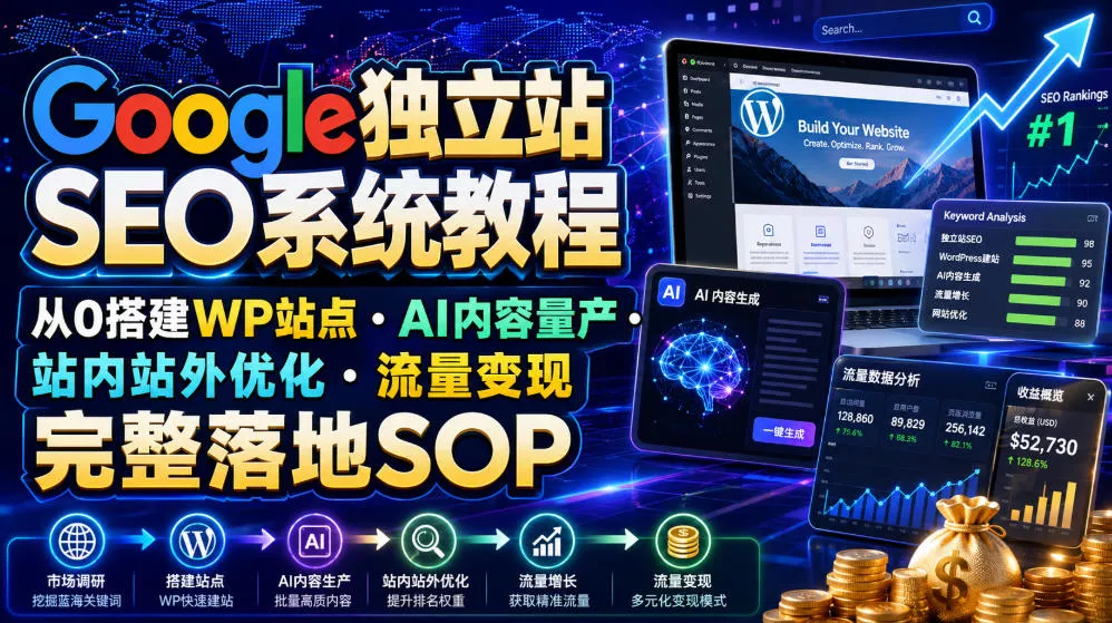 Google独立站SEO系统教程，从0搭建WP站点・AI内容量产・站内站外优化・流量变现完整落地SOP(2026年7月)胖子网创胖子网创