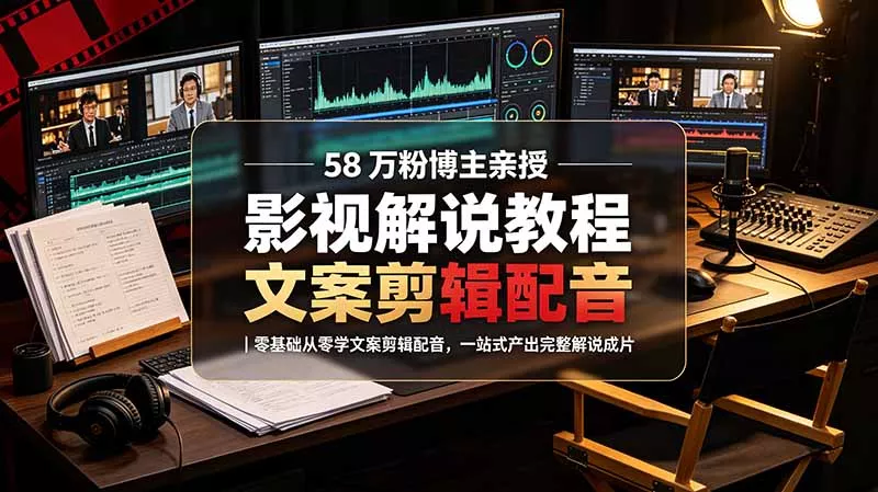 58 万粉博主荧幕春秋亲授影视解说教程｜零基础从零学文案剪辑配音，一站式产出完整解说成片胖子网创胖子网创