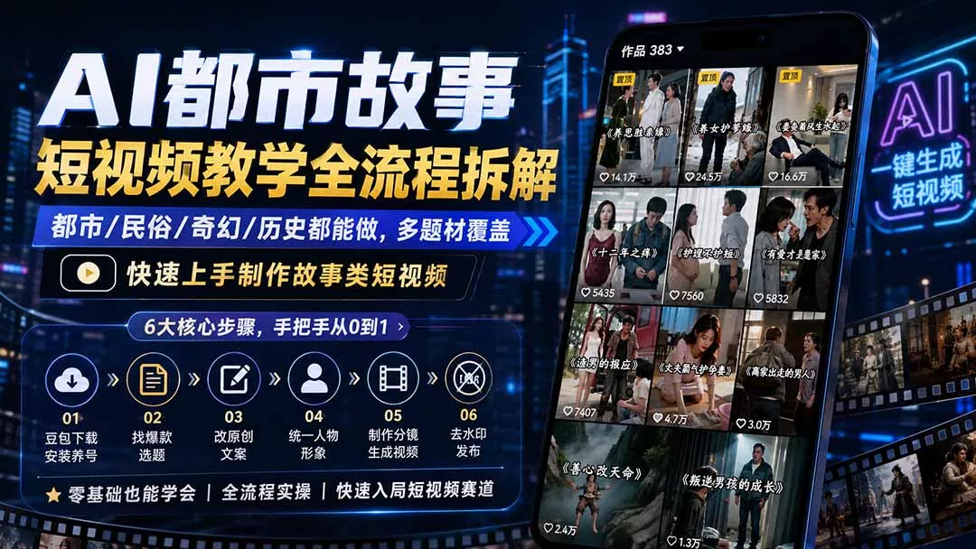 AI都市故事短视频教学全流程拆解；都市/民俗/奇幻/历史都能做多题材覆盖，快速上手制作故事类短视频胖子网创胖子网创