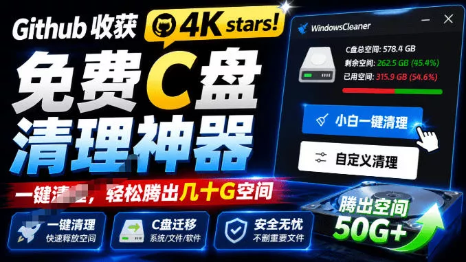 Github收获4K stars!免费C盘清理神器,轻松腾出几十G空间,支持C盘迁移Windows Cleaner Github收获4K stars!免费C盘清理神器,轻松腾出几十G空间,支持C盘迁移Windows Cleaner