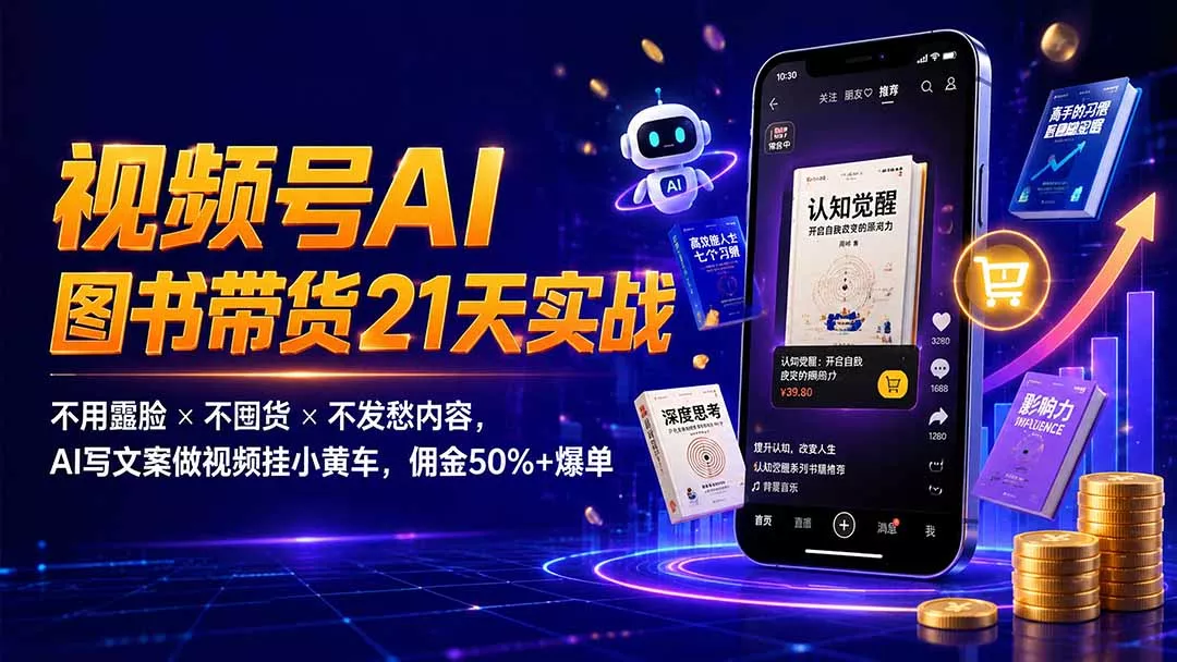 繁花视频号AI图书带货21天实战：不用露脸×不囤货×不发愁内容，AI写文案做视频挂小黄车，佣金50%+爆单胖子网创胖子网创