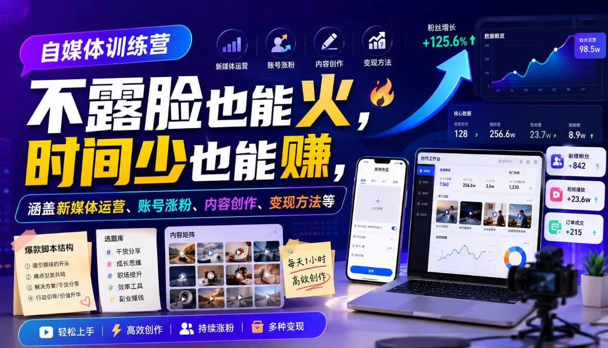 自媒体训练营，不露脸也能火，时间少也能賺，涵盖新媒体运营、账号涨粉、内容创作、变现方法等胖子网创胖子网创