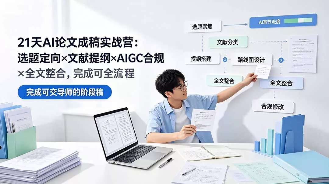21天AI论文成稿实战营：选题定向×文献提纲×AIGC合规×全文整合，完成可交导师的阶段稿胖子网创胖子网创