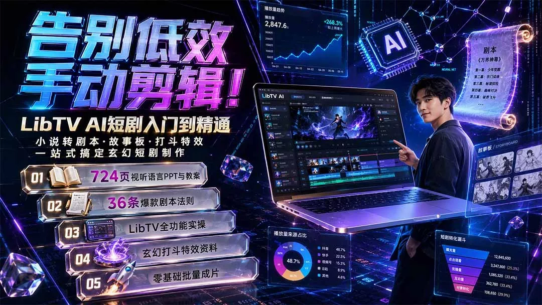 告别低效手动剪辑！LibTV AI短剧入门到精通，小说转剧本方法，故事板打斗特效一站式搞定玄幻短剧制作胖子网创胖子网创