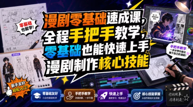 漫剧零基础速成课，全程手把手教学，零基础也能快速上手漫剧制作核心技能胖子网创胖子网创