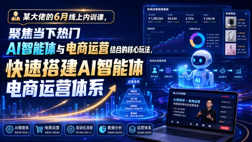 某大佬的6月线上内训课，聚焦当下热门AI智能体与电商运营结合的核心玩法，快速搭建AI智能体电商运营体系胖子网创胖子网创