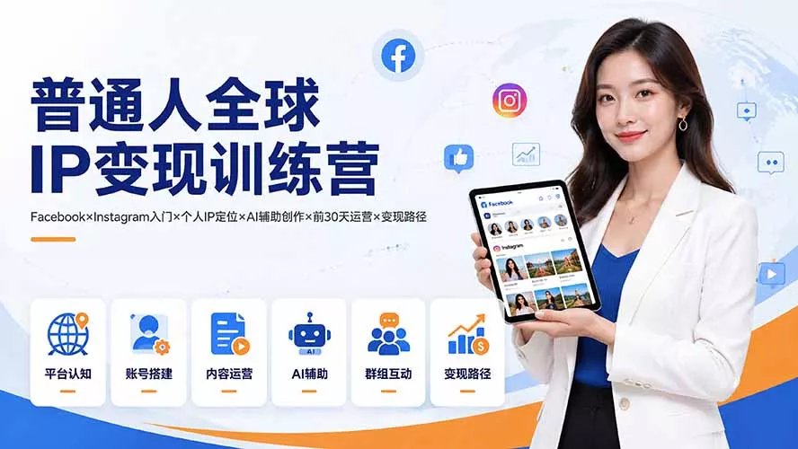 普通人全球IP变现训练营：Facebook×Instagram入门×个人IP定位×AI辅助创作×前30天运营×变现路径胖子网创胖子网创