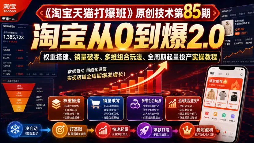 《淘宝天猫打爆班》原创技术第85期，淘宝从0到爆2.0，权重搭建、销量破零、多维组合玩法、全周期起量投产实操教程胖子网创胖子网创
