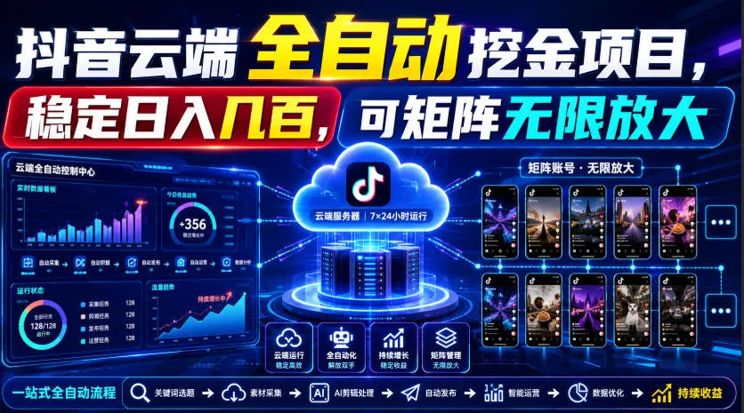 Dy云端全自动挖金项目，稳定日入几百，可矩阵无限放大！【揭秘】胖子网创胖子网创