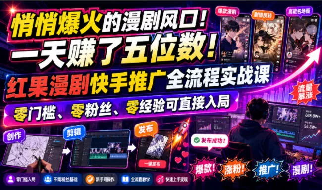 悄悄爆火的漫剧风口！一天賺了五位数！红果漫剧快手推广全流程实战课，零门槛、零粉丝、零经验可直接入局胖子网创胖子网创