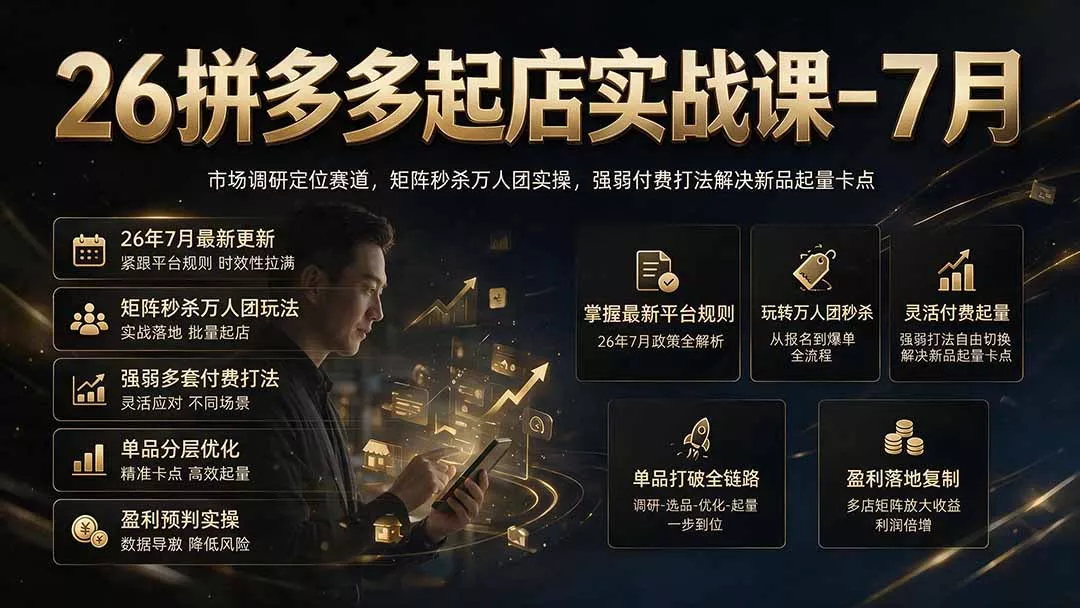 26拼多多起店实战课-7月｜市场调研定位赛道，矩阵秒杀万人团实操，强弱付费打法解决新品起量卡点胖子网创胖子网创