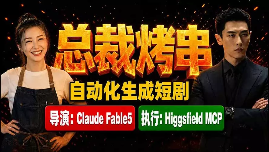 《总裁烤串》真人短剧全自动诞生！Claude Fable5 当导演，Higgsfield MCP 执行！胖子网创胖子网创