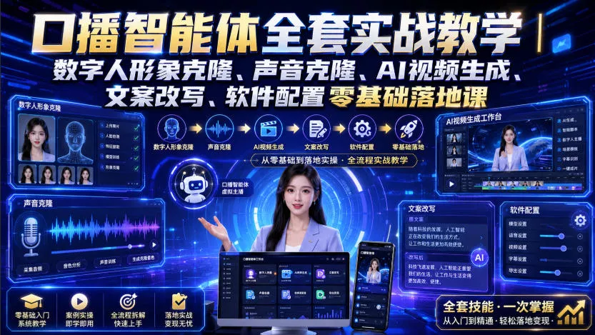口播智能体全套实战教学｜数字人形象克隆、声音克隆、AI视频生成、文案改写、软件配置零基础落地课胖子网创胖子网创