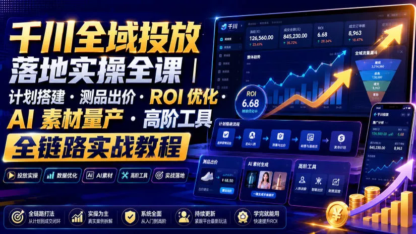 千川全域投放落地实操全课｜计划搭建・测品出价・ROI优化・AI素材量产・高阶工具全链路实战教程胖子网创胖子网创