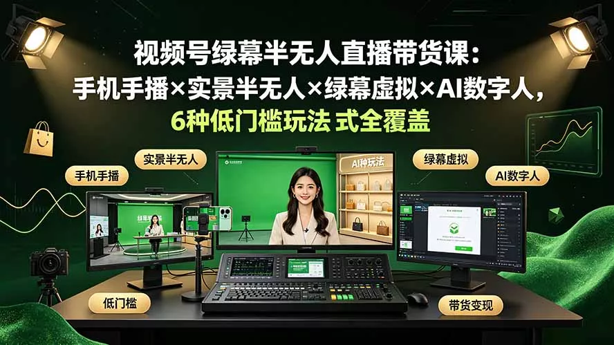 视频号绿幕半无人直播带货课:手机手播×实景半无人×绿幕虚拟×AI数字人,6种低门槛玩法全覆盖 视频号绿幕半无人直播带货课:手机手播×实景半无人×绿幕虚拟×AI数字人,6种低门槛玩法全覆盖