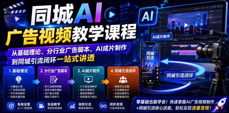 同城AI广告视频教学课程,从基础理论、分行业广告脚本、AI成片制作到同城引流闭环一站式讲透 同城AI广告视频教学课程,从基础理论、分行业广告脚本、AI成片制作到同城引流闭环一站式讲透