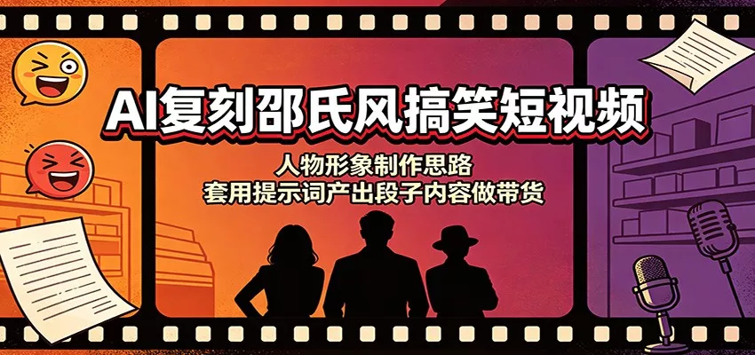 AI复刻邵氏风搞笑短视频：人物形象制作思路，套用提示词产出段子内容做带货胖子网创胖子网创