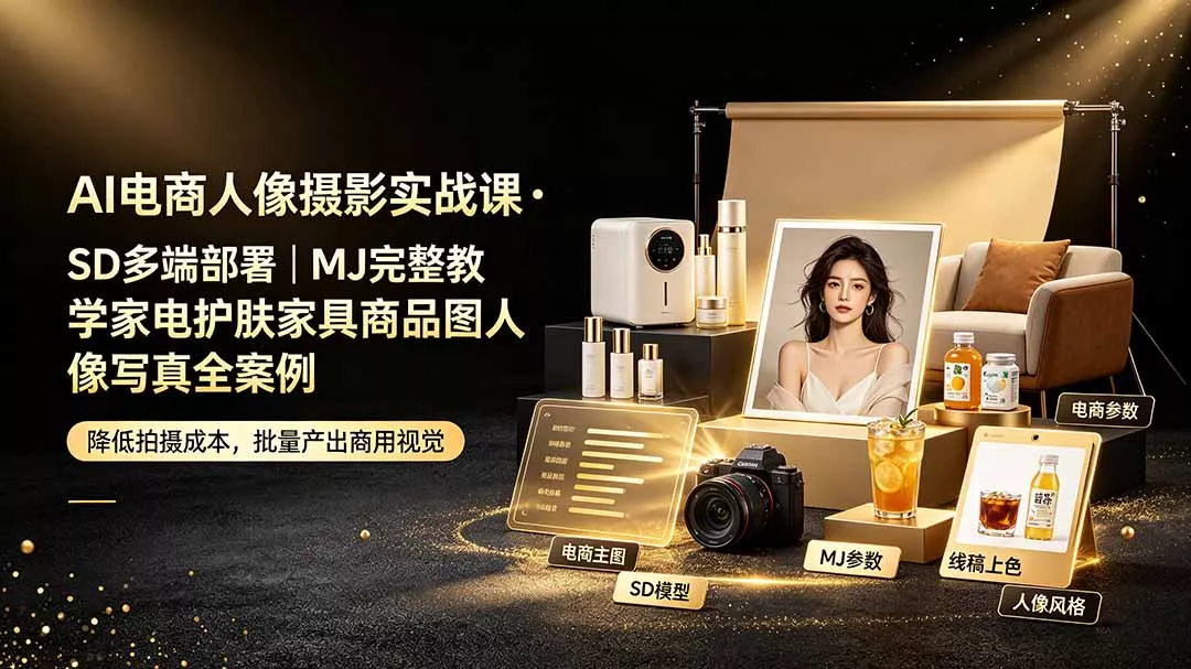 AI电商人像摄影实战课·SD多端部署|MJ完整教学|家电护肤家具商品图人像写真全案例 AI电商人像摄影实战课·SD多端部署|MJ完整教学|家电护肤家具商品图人像写真全案例
