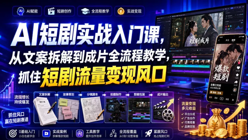 AI短剧实战入门课，从文案拆解到成片全流程教学，抓住短剧流量变现风口胖子网创胖子网创