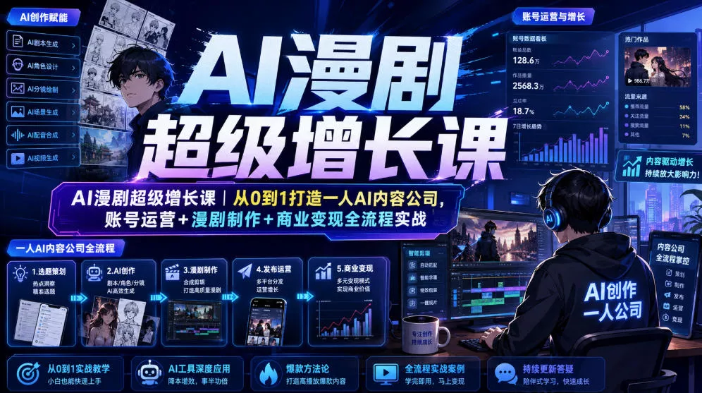 AI漫剧超级增长课｜从0到1打造一人AI内容公司，账号运营+漫剧制作+商业变现全流程实战胖子网创胖子网创