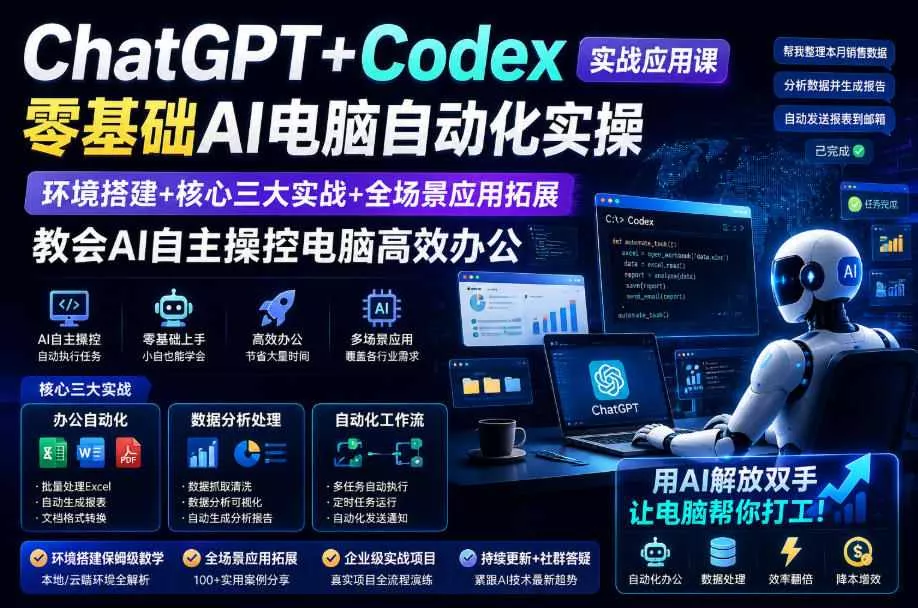 ChatGPT+Codex实战应用课｜零基础AI电脑自动化实操，环境搭建+核心三大实战+全场景应用拓展，教会AI自主操控电脑高效办公胖子网创胖子网创